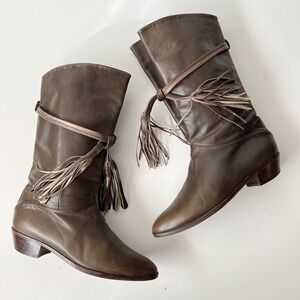 Vintage 1980s Leather Mid Calf Fringe Boots Size 37.5 Avant Garde‎ Olive Green